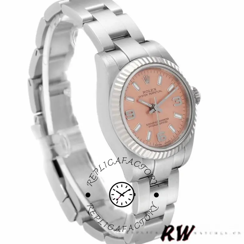 Rolex Oyster Perpetual 176234, angled view showing pink dial and fluted bezel, 26mm.