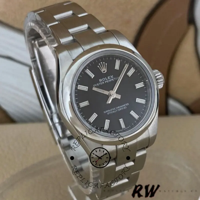 Rolex Oyster Perpetual 176200, angled view showing black dial, smooth bezel, and bracelet on stand.