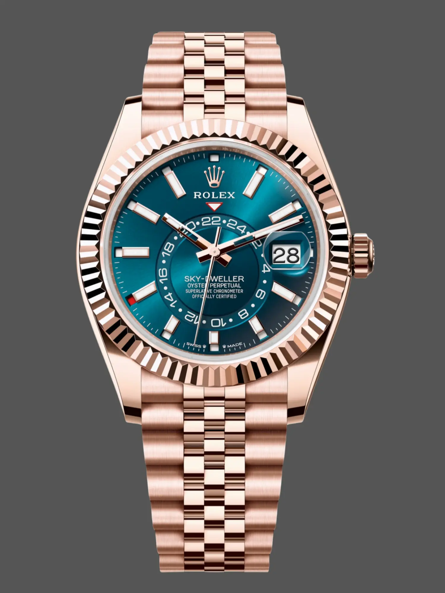 Front view of the Rolex Sky-Dweller m336935 0005, Everose gold with blue-green dial and fluted bezel. - Front view