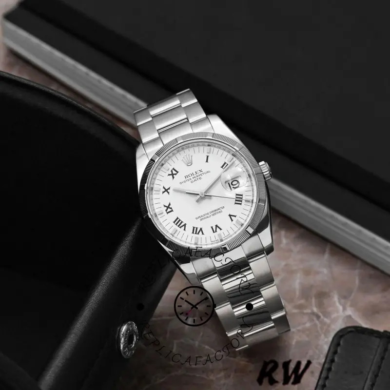 Rolex Oyster Perpetual Date 115210, white Roman dial, lifestyle shot showing full watch and bracelet.