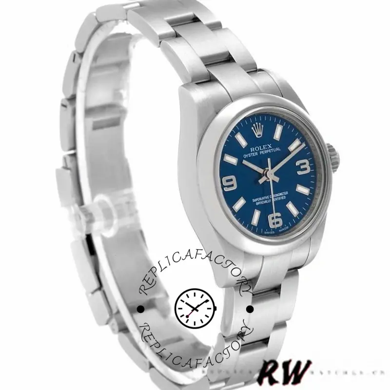 Rolex Oyster Perpetual 176200, angled left view, blue dial, domed bezel, 26mm.