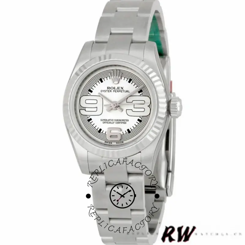 Rolex Oyster Perpetual 176234, angled view showing fluted bezel and steel bracelet.