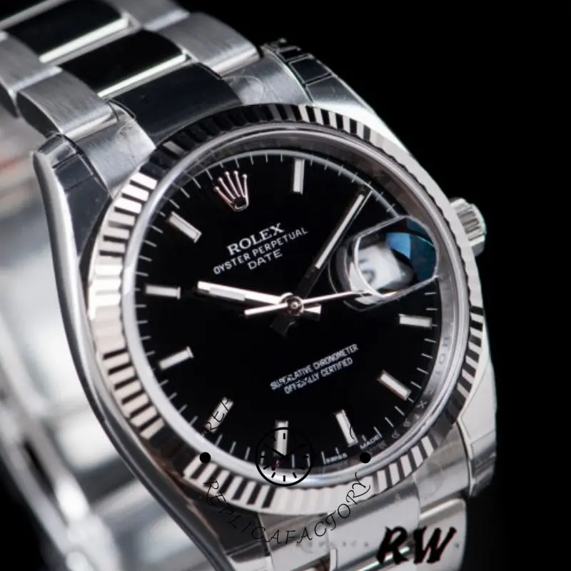 Rolex Oyster Perpetual Date 115234 close-up, black dial with date window and fluted bezel.