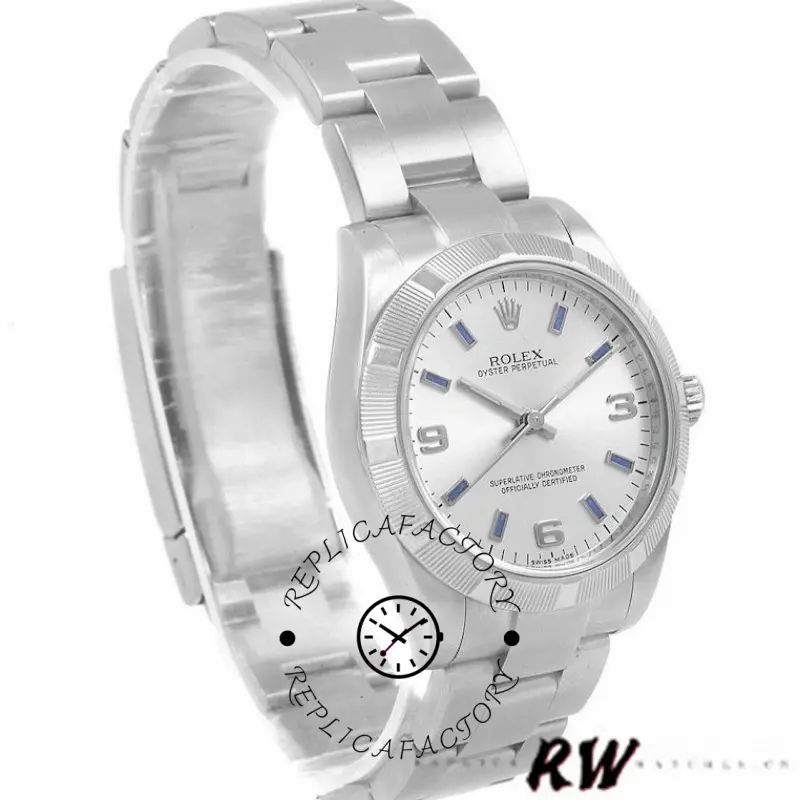 Rolex Oyster Perpetual 177210, angled view showing silver dial and steel bracelet on stand.