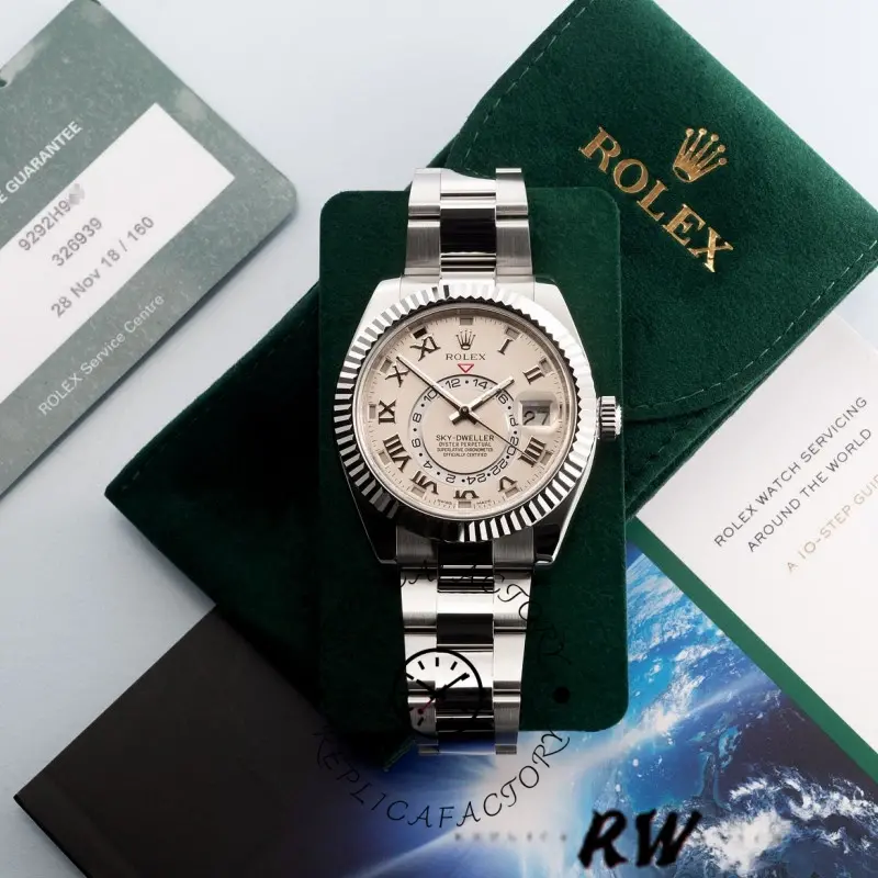 Full set display of the Rolex Sky-Dweller 326939 showing ivory dial watch with cards on green background.
