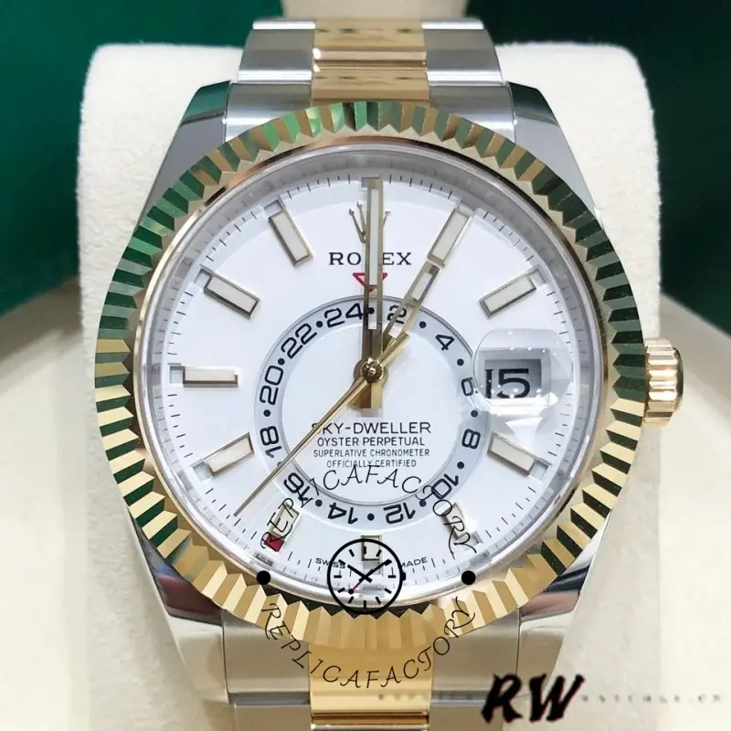 Dial close-up of the Rolex Sky-Dweller 326933 showing white dial, subdials, and fluted bezel.