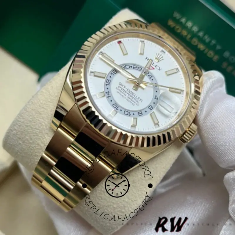 Rolex Sky-Dweller 326938, white dial close-up with fluted bezel and bracelet.