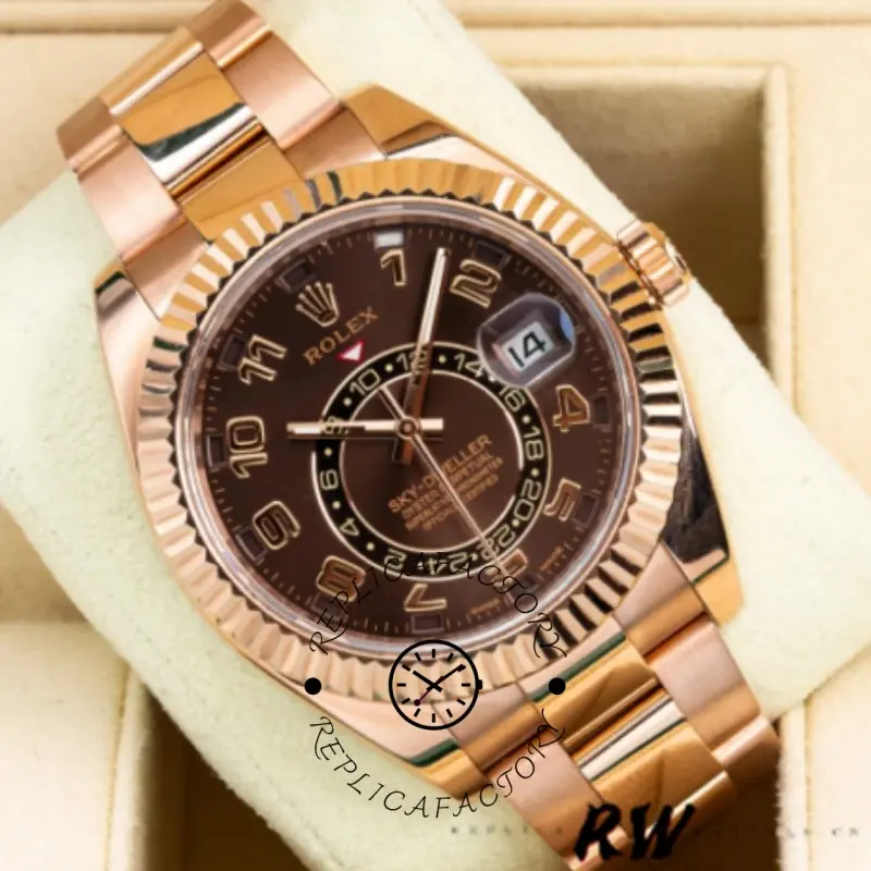 Angled close-up of Rolex Sky-Dweller 326935, showing chocolate Arabic dial and Everose gold fluted bezel.