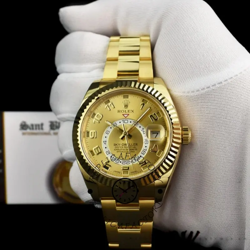 Glove-held close-up of the Rolex Sky-Dweller 326938 showing champagne Arabic dial and gold bracelet.