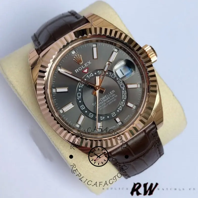 Angled close-up of the Rolex Sky-Dweller 326135 showing dark rhodium dial, hands, and fluted bezel.