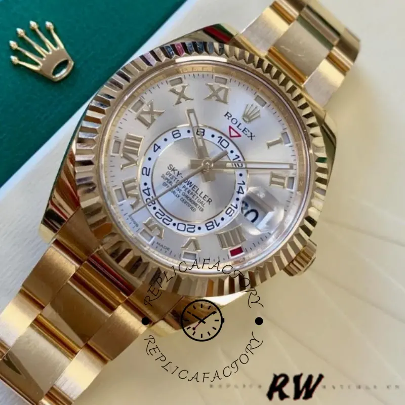 Rolex Sky-Dweller 326938, silver dial close-up, yellow gold fluted bezel.