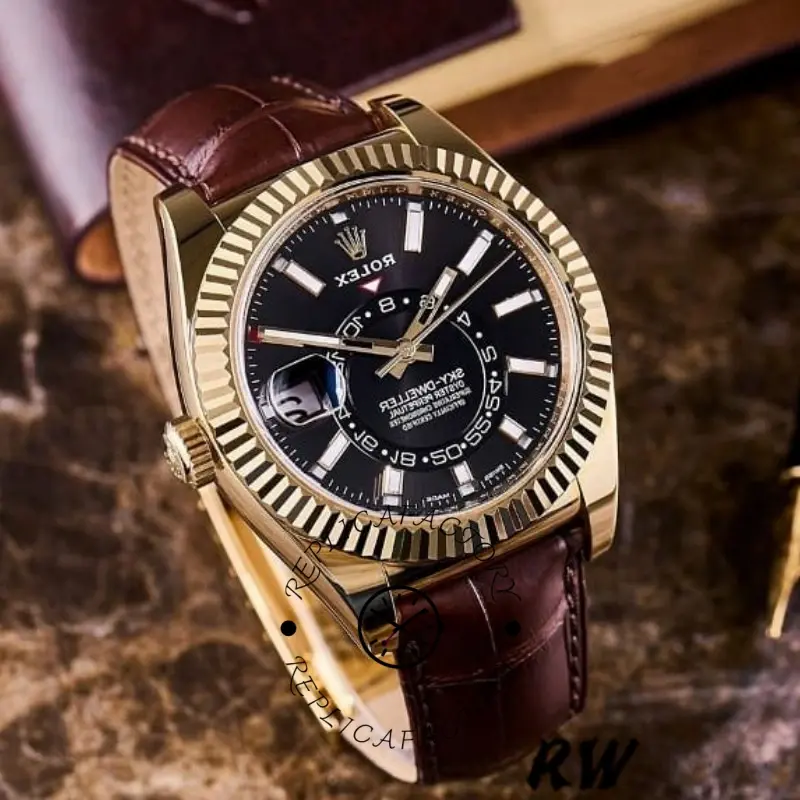 Rolex Sky-Dweller 326138, angled close-up showing the black dial and gold fluted bezel.