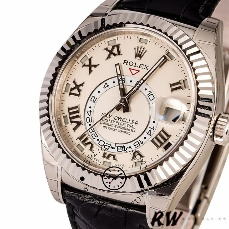 Rolex Sky-Dweller 326139, dial close-up showing ivory Roman numerals and off-center 24-hour disc.