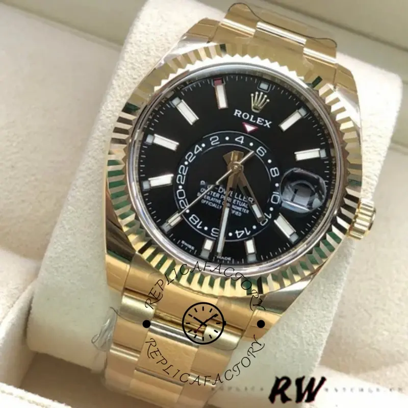 Rolex Sky-Dweller 326938, black dial close-up with fluted bezel and markers.