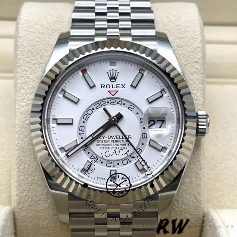 Rolex Sky-Dweller 326934, white dial close-up showing the markers and fluted bezel.