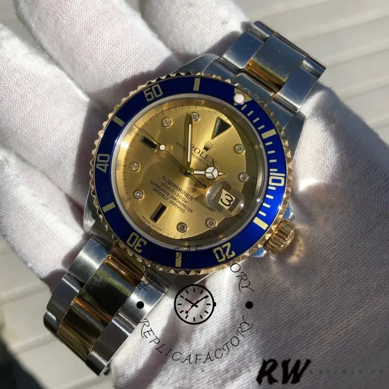 Rolex Submariner Date 16613, gloved hand close-up showing champagne Serti dial and blue bezel.