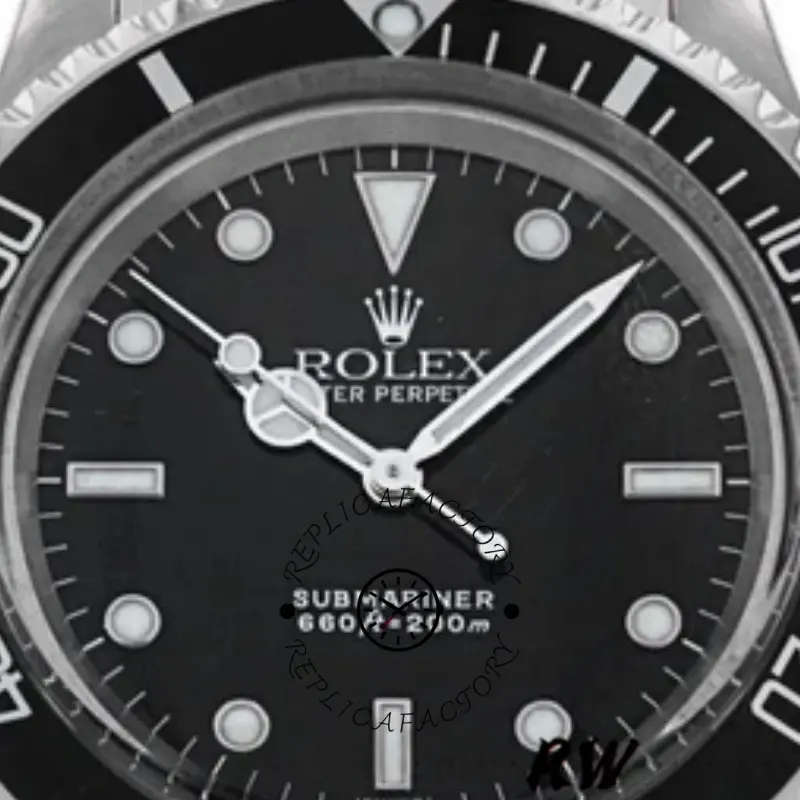 Rolex Submariner 5513 dial close-up with Mercedes hands, luminous hour markers, and printed text.