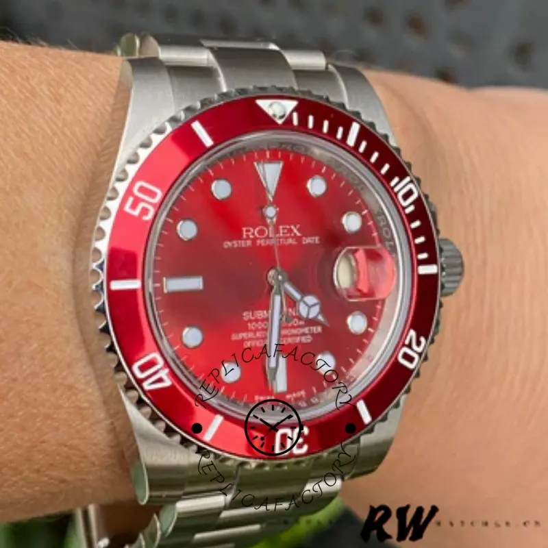 Rolex Submariner 16610, wrist shot highlighting the red dial, date window, and rotating bezel.