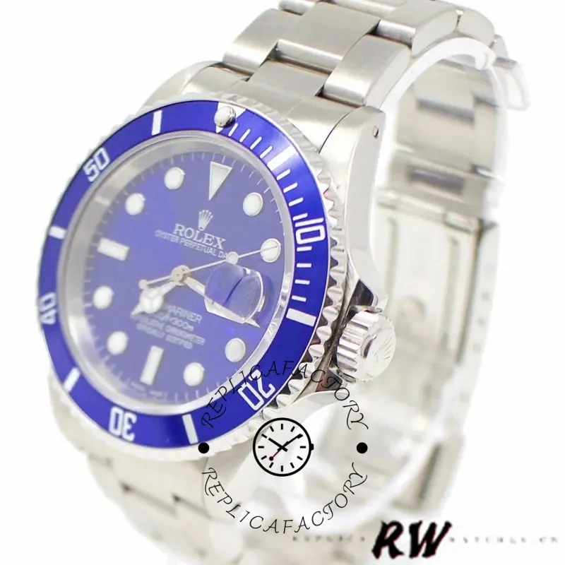 Rolex Submariner 16610, angled view on white background showing blue bezel and case profile.