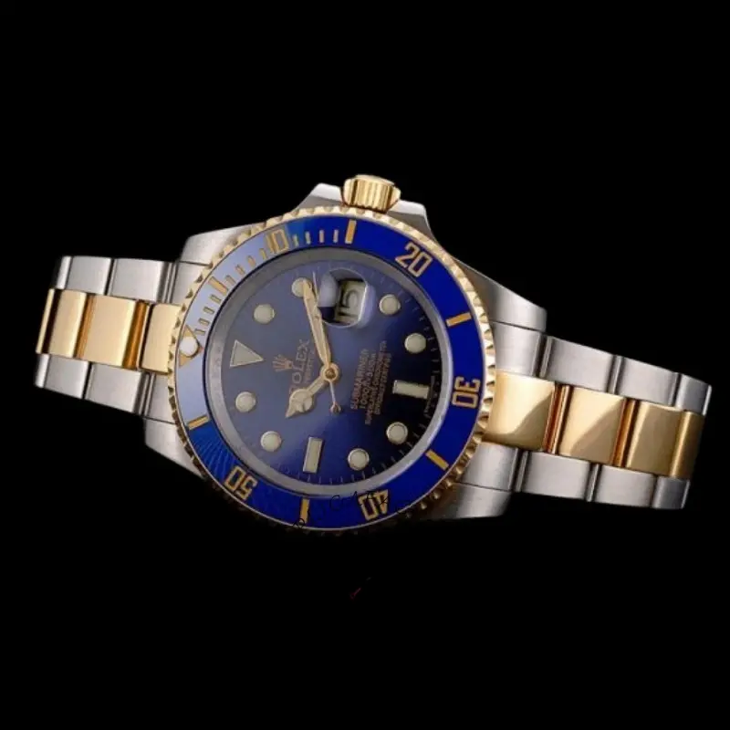 Top view of Rolex Submariner PR16233B highlighting blue bezel numerals and two-tone links.