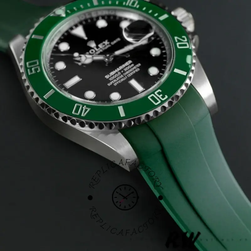 Angled close-up of Rolex Submariner 126610LV showing green bezel and black dial markers.