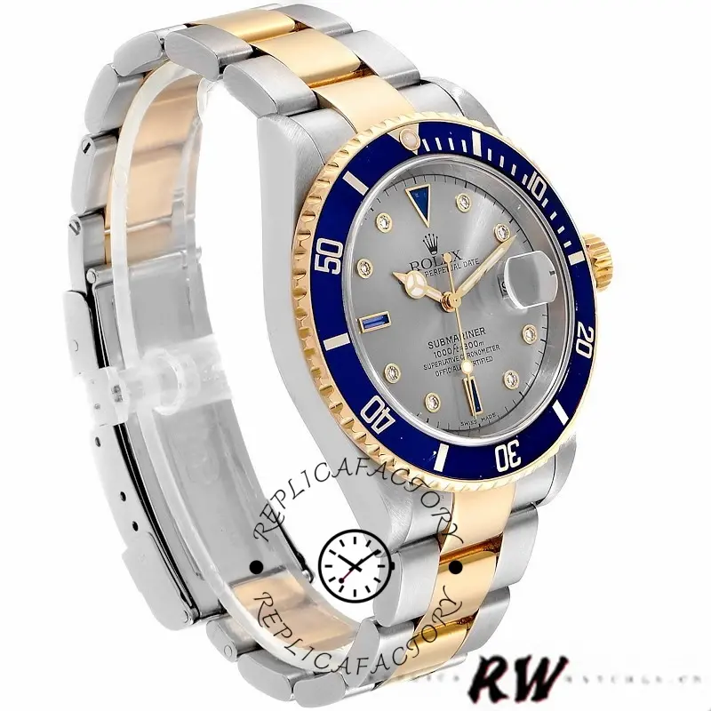 Rolex Submariner 16613, two-tone bracelet, angled front view showing blue bezel and Serti dial.