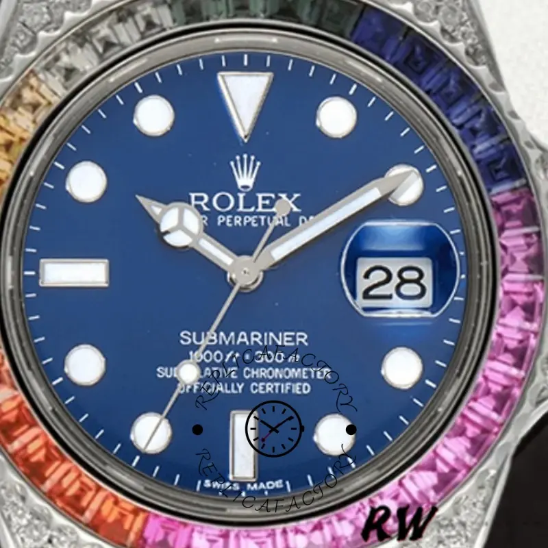 Rolex Submariner 116610, blue dial close-up with date window and markers detail.