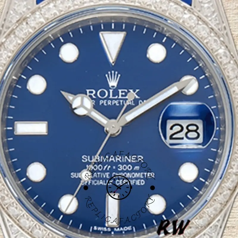 Rolex Submariner 116610, blue dial close-up with diamond-set bezel.