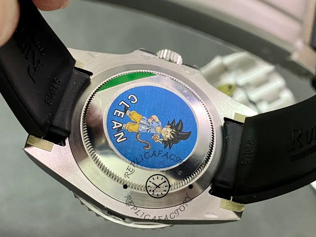 Rolex Submariner 126610LN, caseback close-up with sticker and engraving area.