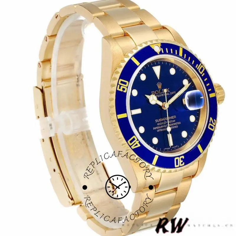 Rolex Submariner 16618, side angle view showing blue bezel and yellow gold case profile.