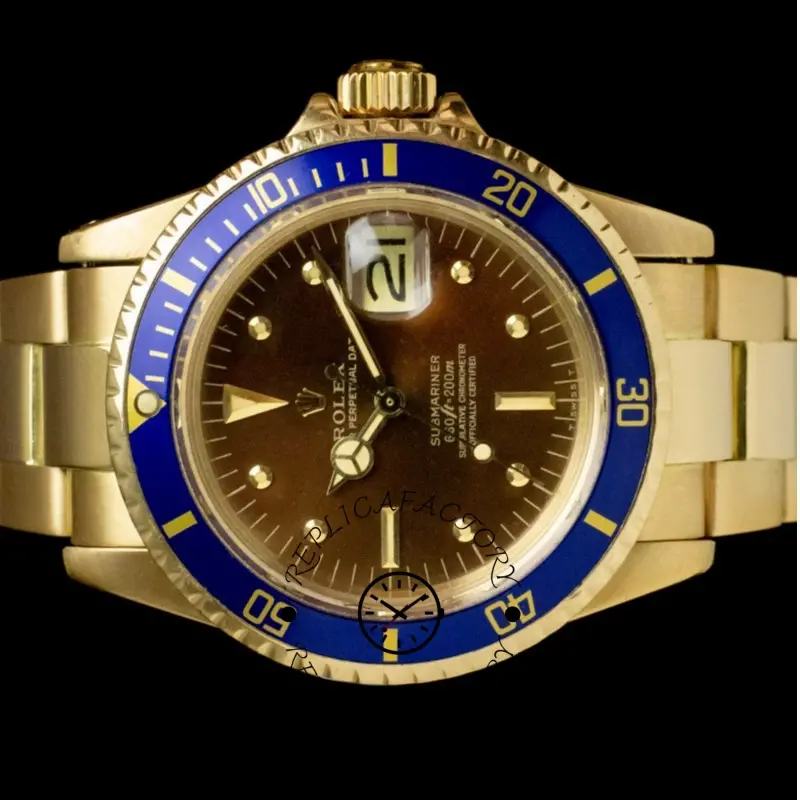 Rolex Submariner 1680/8, close-up of tropical brown dial and blue bezel with gold markers.