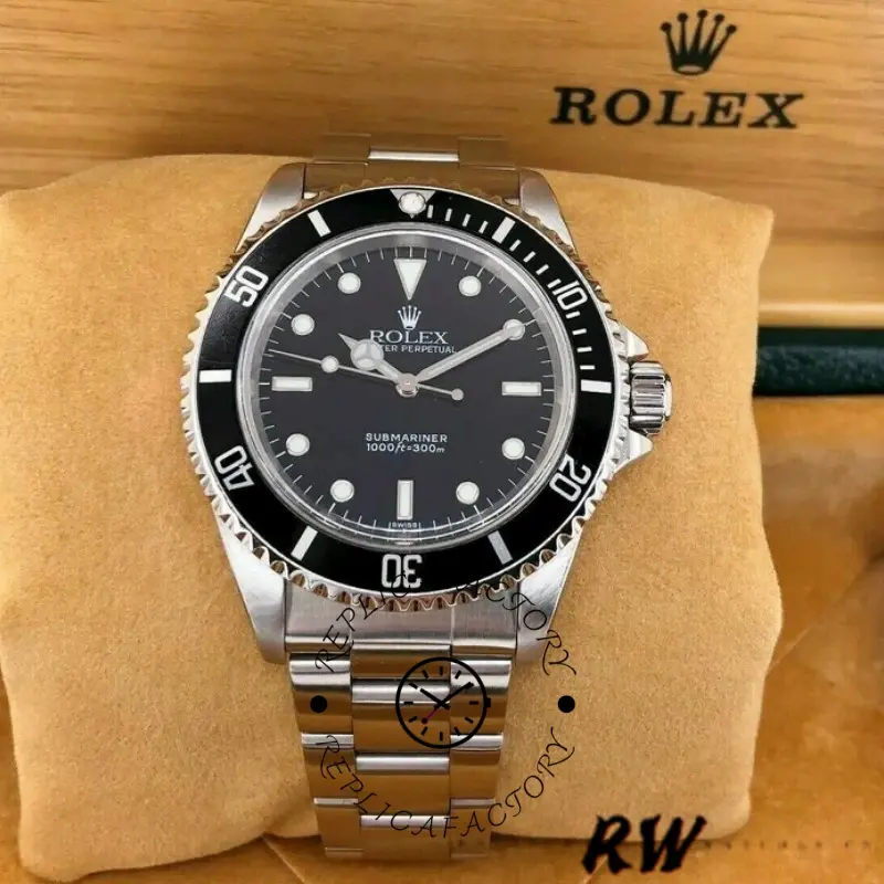 Rolex Submariner 14060 front view on cushion, black dial with luminous markers and Mercedes hands.