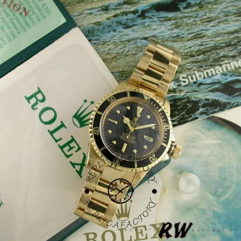 Rolex Submariner 1680/8, black dial on yellow gold bracelet, lifestyle shot with papers.