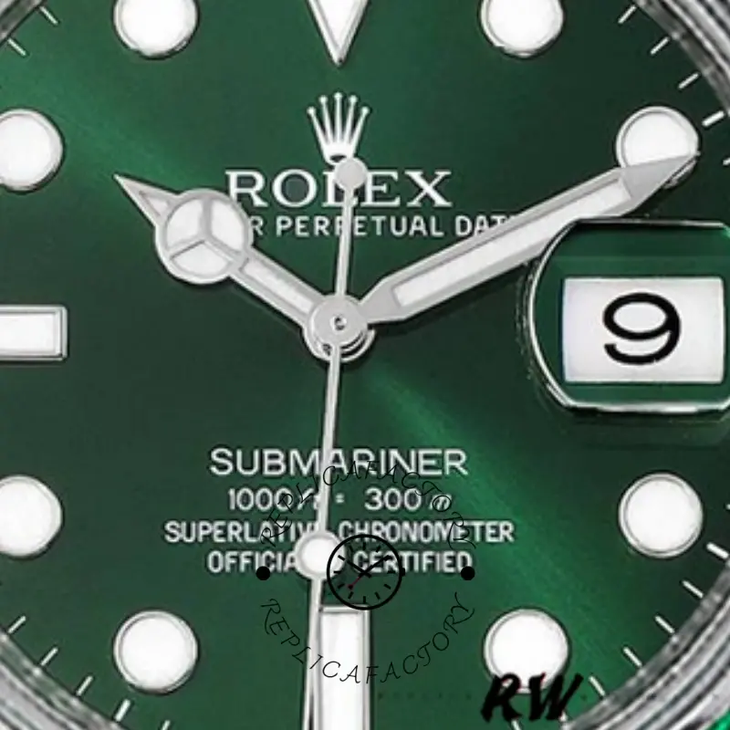 Rolex Submariner 116610, green dial close-up showing Rolex logo and date window.