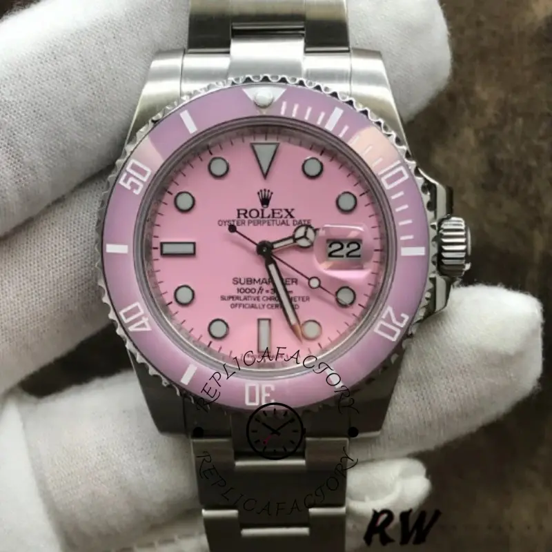 Rolex Submariner Date 116610LN, pink dial and black bezel, front close-up.