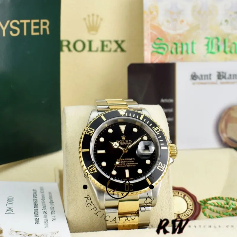 Rolex Submariner 16613LN, watch with box set display, black dial and bezel visible.
