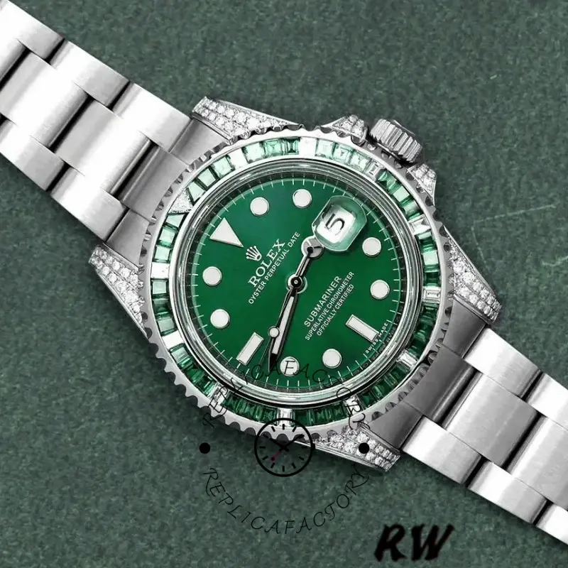Rolex Submariner Date 116610LN angled front view, green dial with date window and cyclops lens.