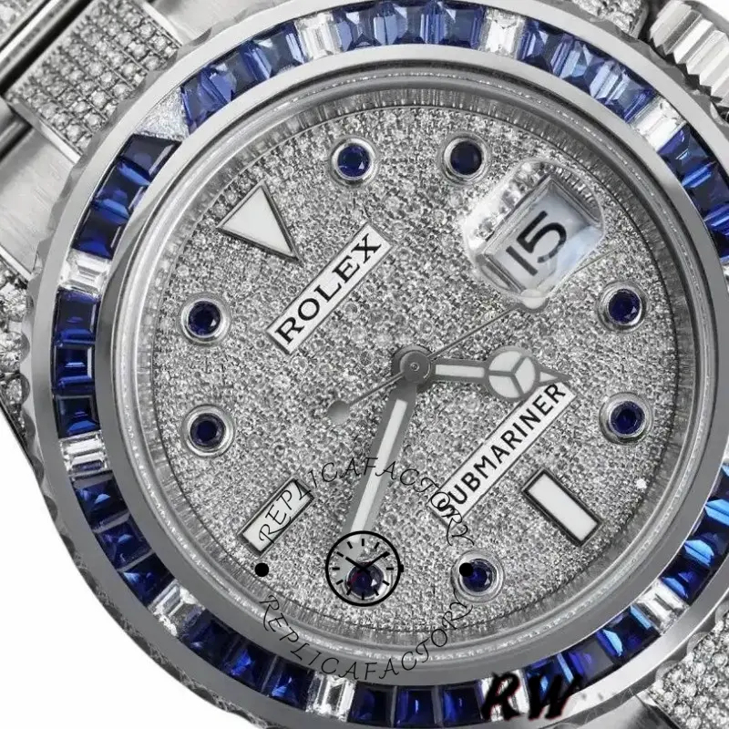 Rolex Submariner 116610LN dial close-up, pavé diamonds, date window at 3 with cyclops, blue stones on bezel.