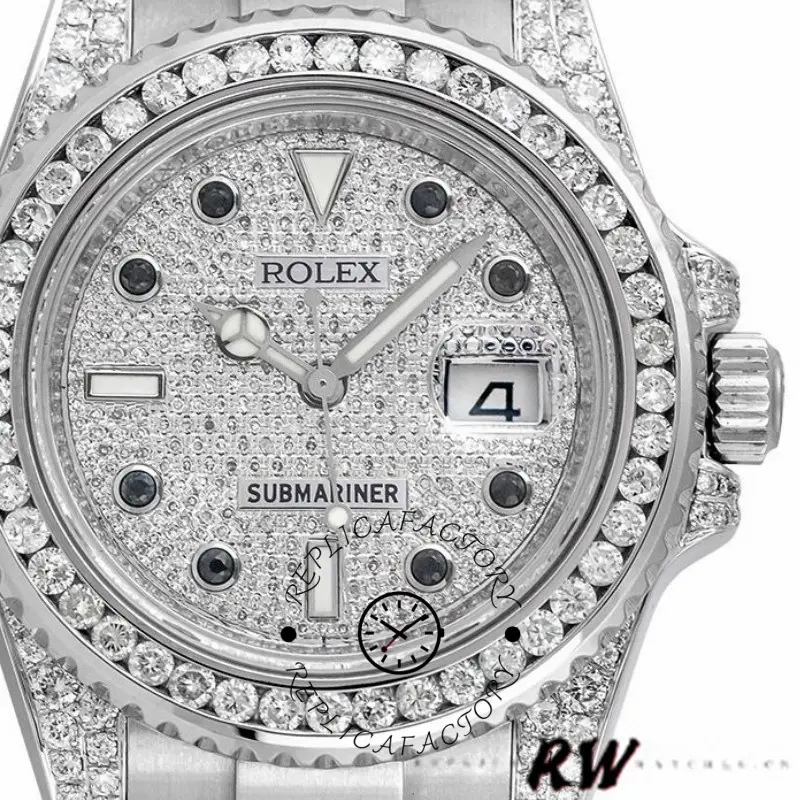 Rolex Submariner Date 116610LN, close-up of custom diamond dial with date window and markers.