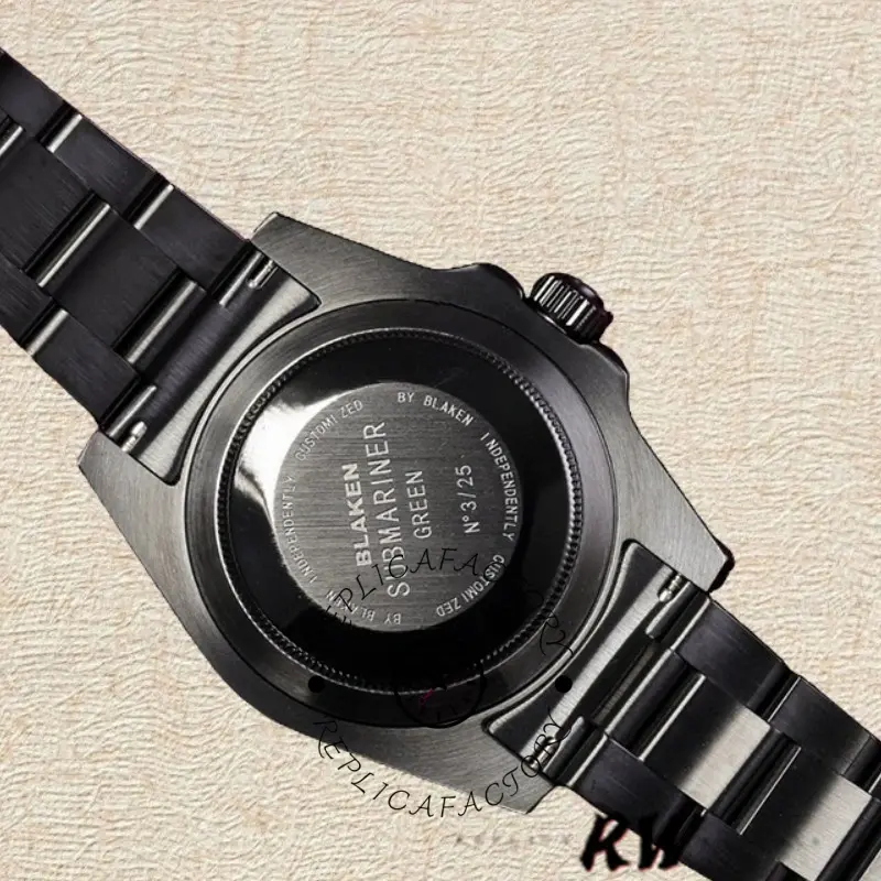 Rolex Submariner 116610, caseback view with bracelet attached.