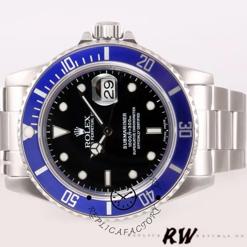 Rolex Submariner Date 16610, angled view showing blue bezel scale and Mercedes hands.