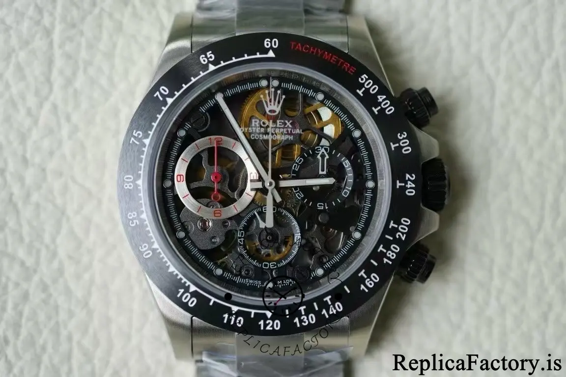 Front view of the Rolex Daytona 116520 Artisans de Genève La Barrichello Skeleton 40mm showing openworked dial.