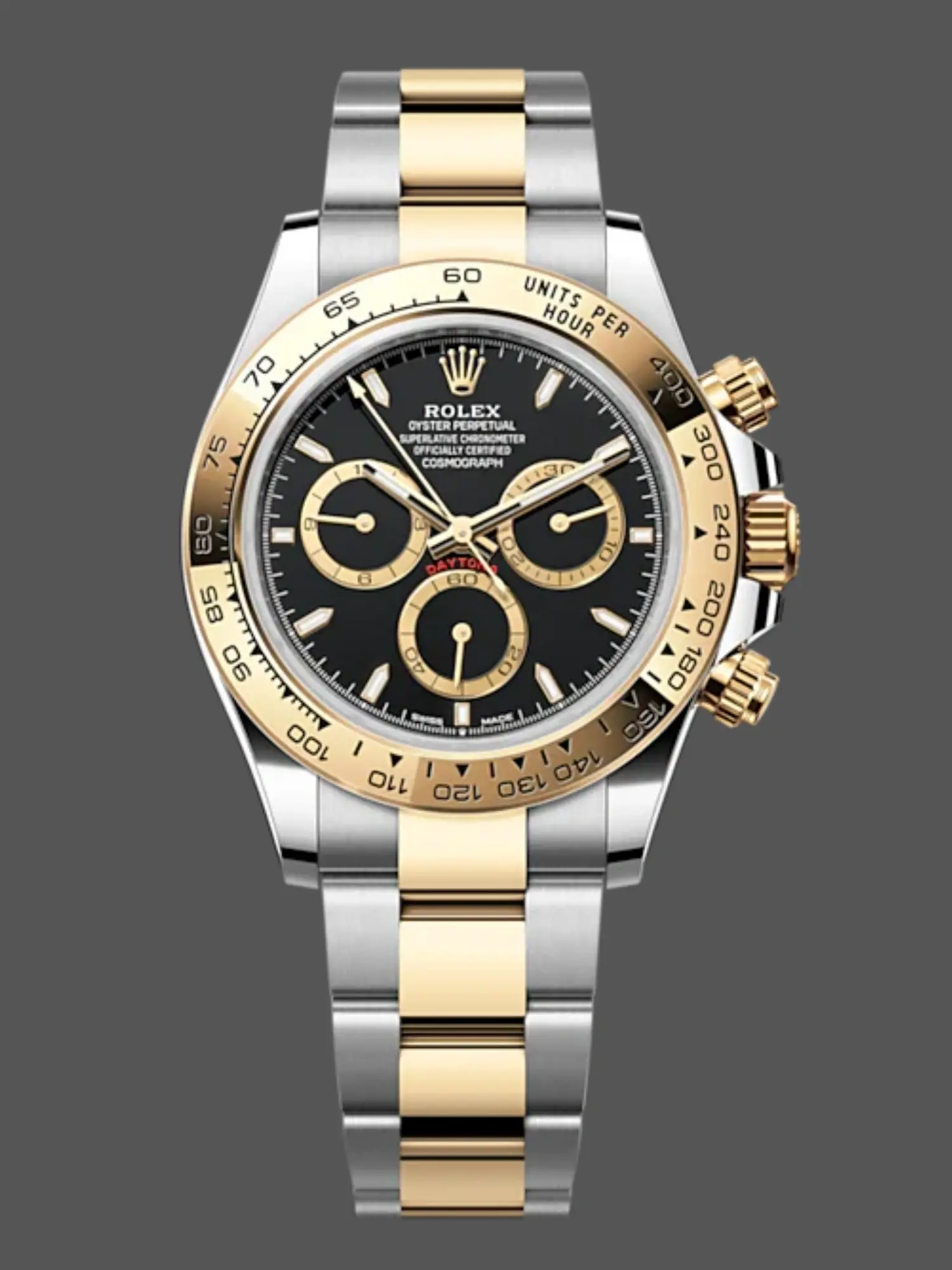 Full front view of the Rolex Cosmograph Daytona 126503 0003, black dial on two-tone Oyster bracelet. - Front view