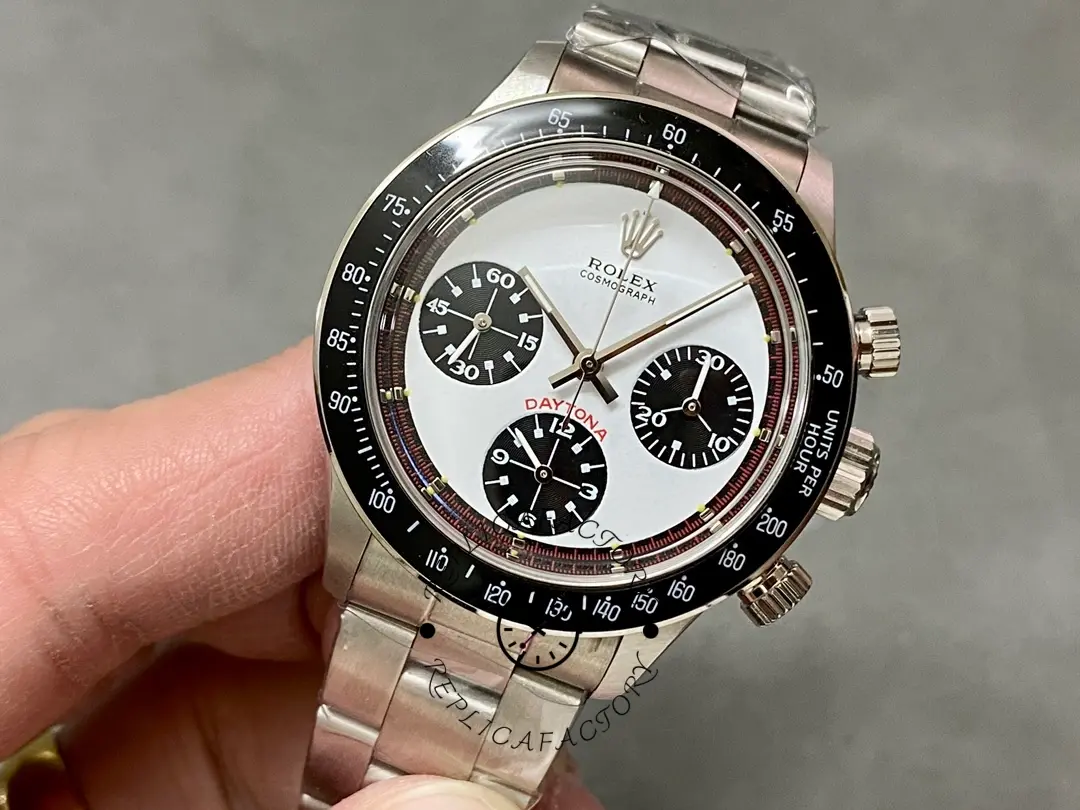 Angled view of Rolex Daytona 6241 showing the crown, chronograph pushers, and black bezel.