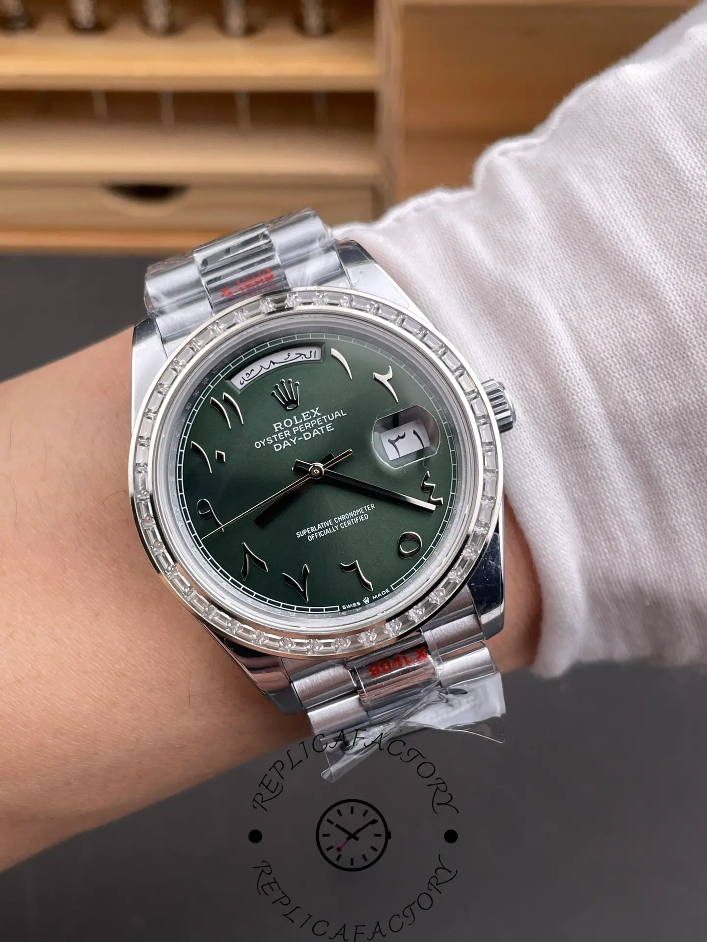 Wrist shot of Rolex Day-Date 40 228396TBR displaying overall fit and luxury presence.