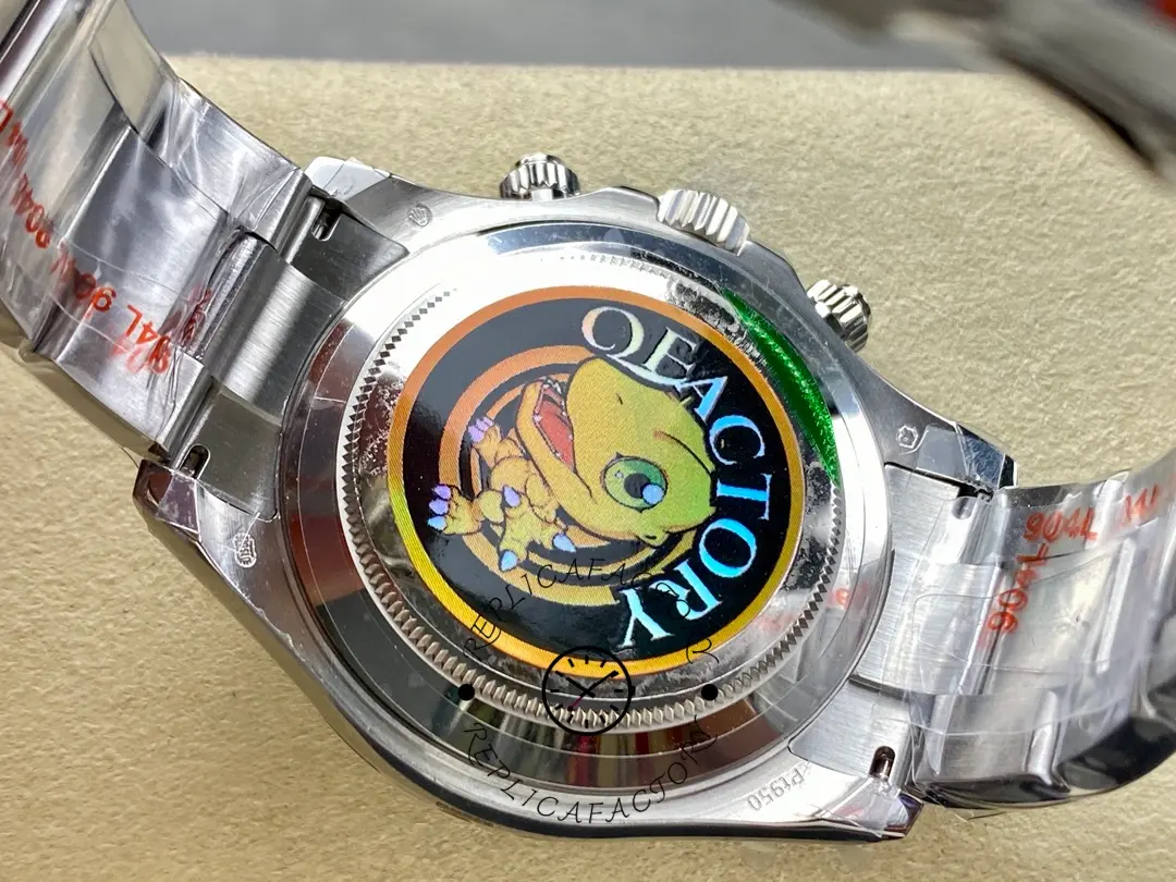 Case back view of Rolex Daytona Arabic 116506 showing stickered back and rotor detail.