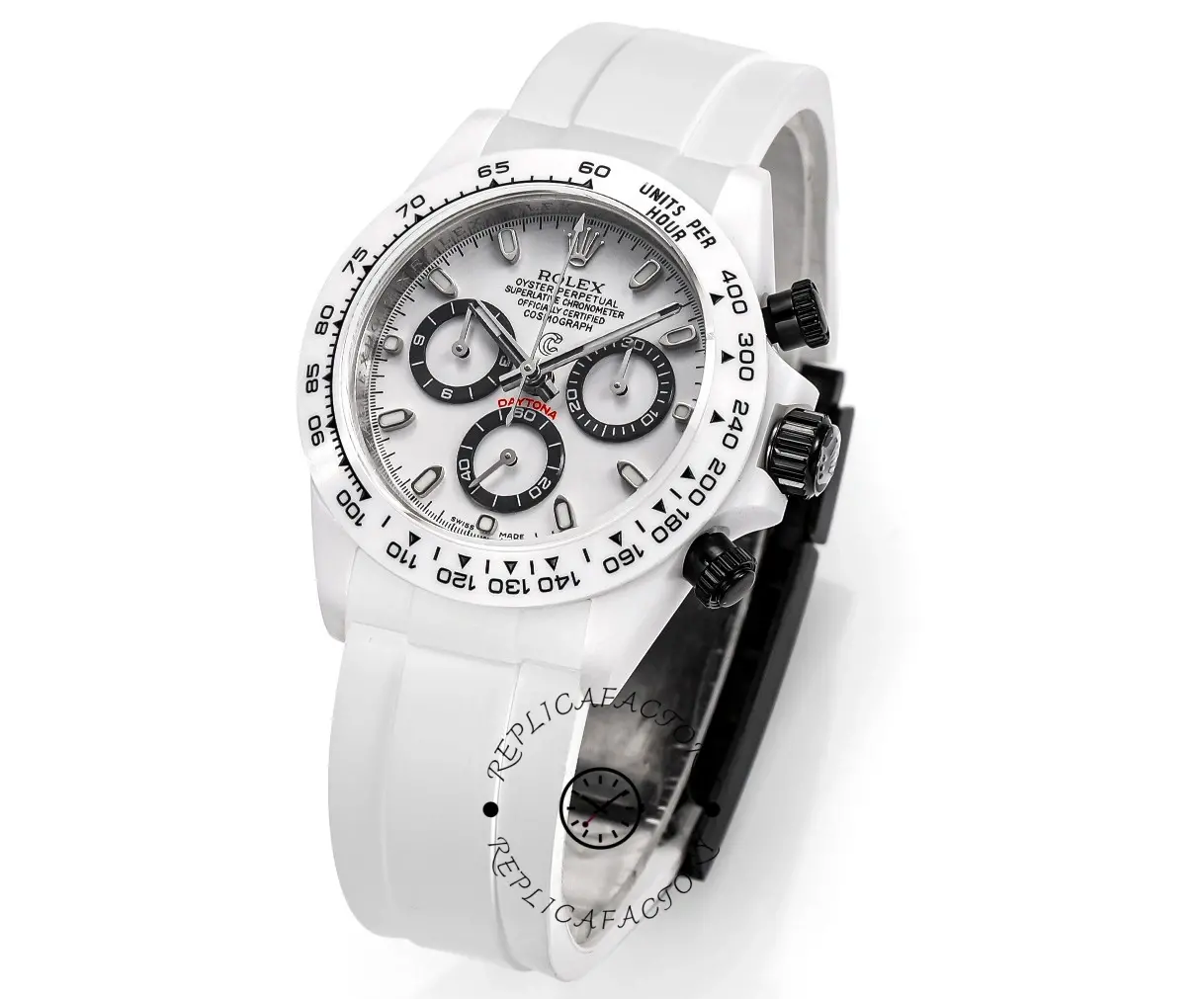 AET Rolex Daytona Charles the Great, angled front view, white strap and tachymeter bezel.