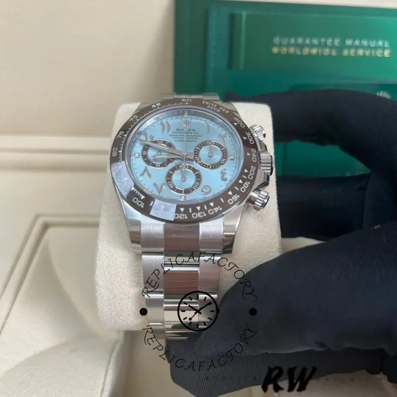 Gloved display of Rolex Daytona Arabic 116506 with Rolex box, ice blue dial highlighted.