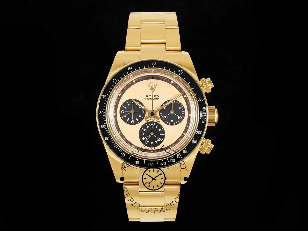 Studio front view of the Rolex Daytona Artisans de Geneve 116528 on gold bracelet, black background.
