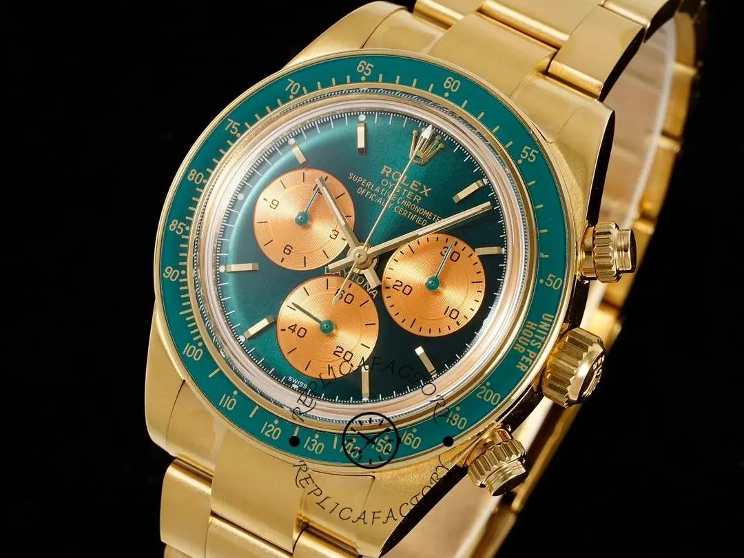 Studio angled view of the Rolex Daytona Artisans de Geneve 116508 showing green dial and gold case.